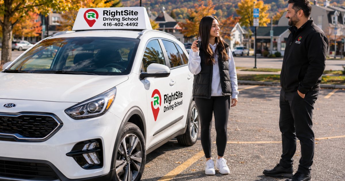 A RightSite student holding the car keys beside the RightSite car, smiling at her instructor