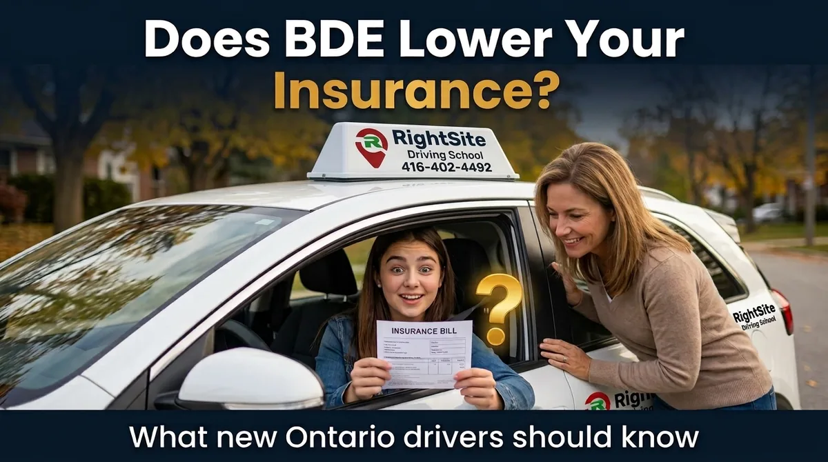 A teen driver in a RightSite Driving School car holds up an insurance bill with a surprised look while her mother leans in the window to see it