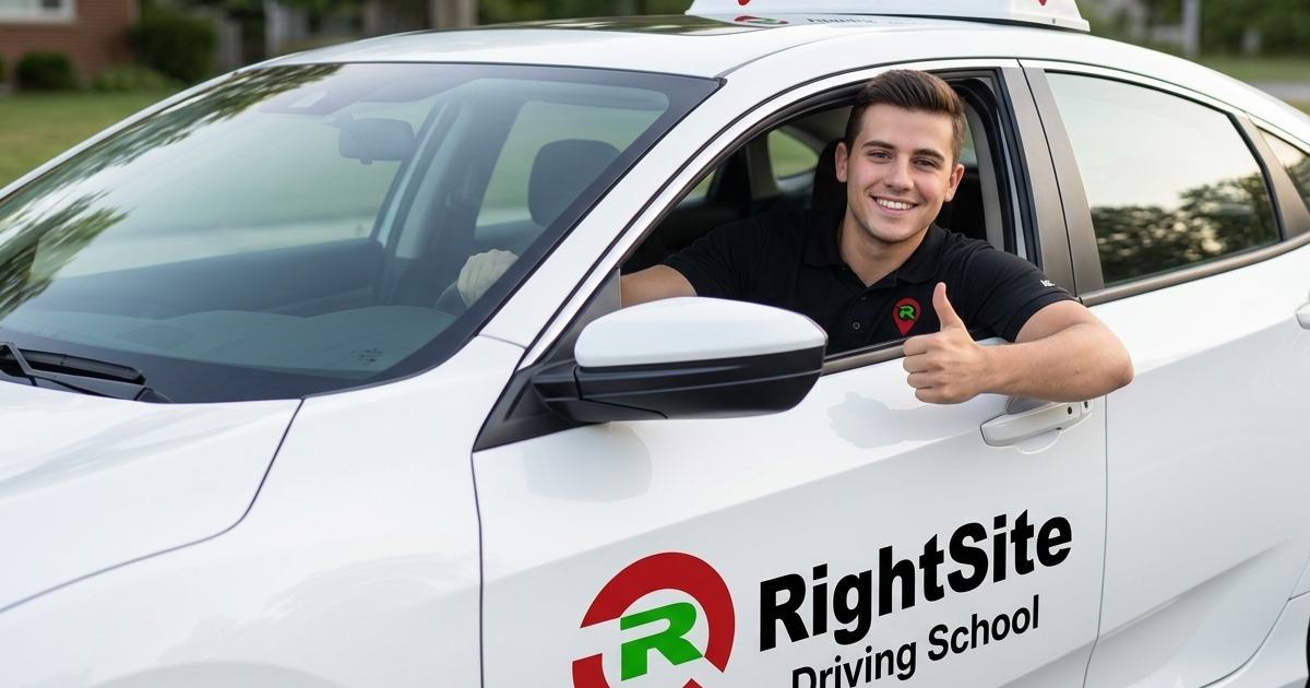A smiling new driver giving a thumbs up from a RightSite Driving School car