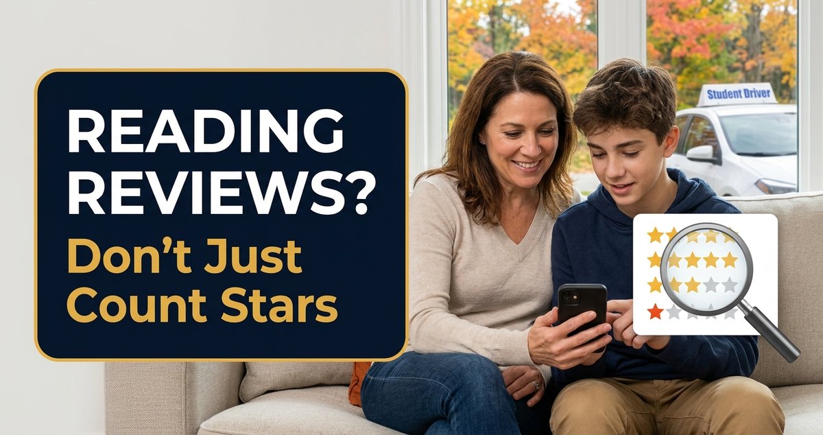 Reading reviews? Don't just count stars: a mom and teen checking driving school reviews on a phone
