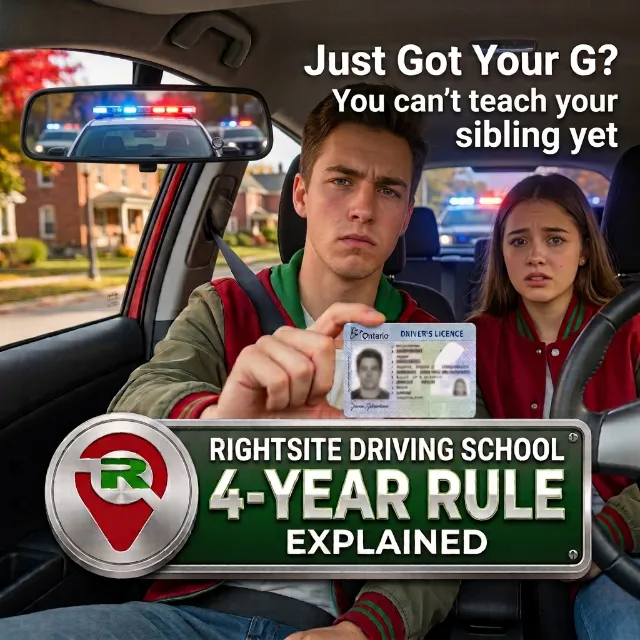 New G driver holding his Ontario licence while his sister sits at the wheel, police lights behind