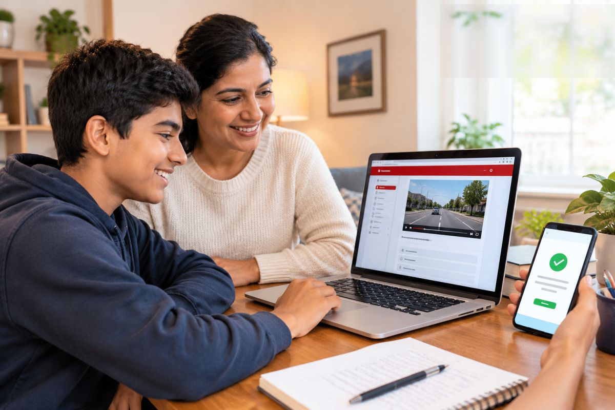 A parent and teen starting the online BDE course on a laptop, with the payment confirmed on a phone