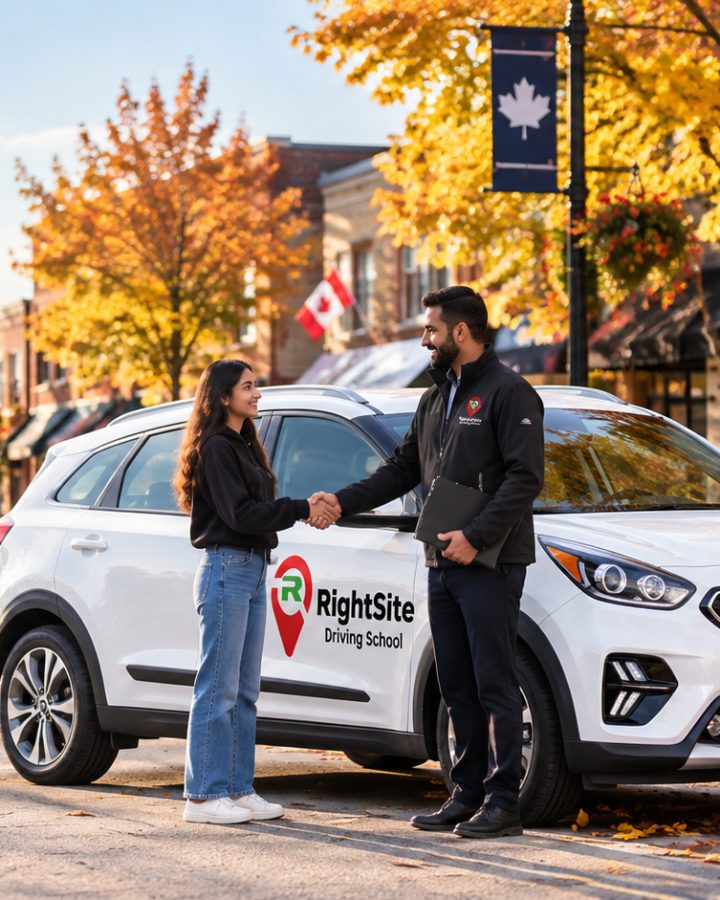 A RightSite Driving School instructor welcoming a new student beside the school car