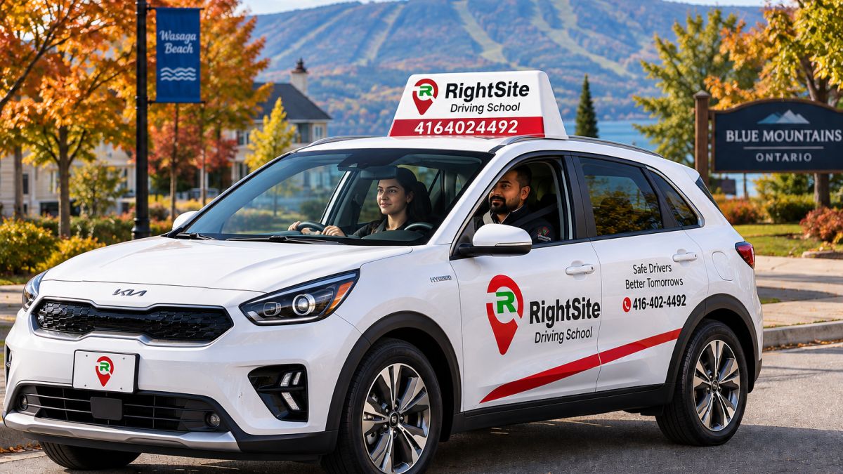 The white RightSite Driving School Kia with a student driver and instructor on a fall day near Blue Mountain
