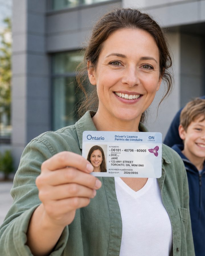 A happy new driver holding up her Ontario driver's licence with her family