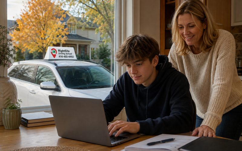 A teen doing the online BDE course on a laptop with a parent, the RightSite car outside