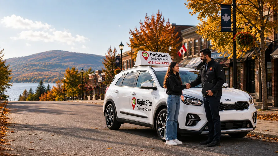 RightSite-branded driving-school car with an instructor and learner on an autumn street