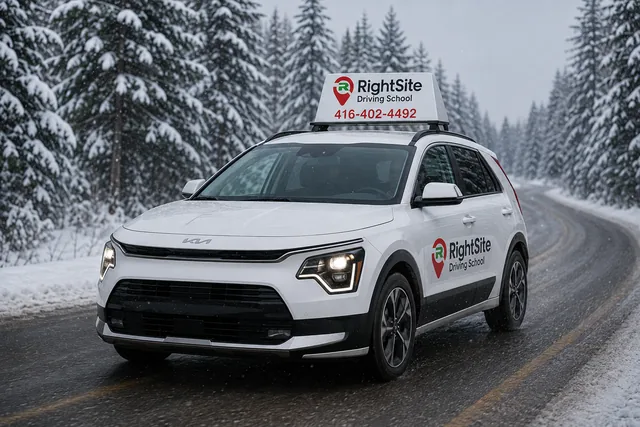 RightSite Driving School car on a snowy road surrounded by snow-covered trees