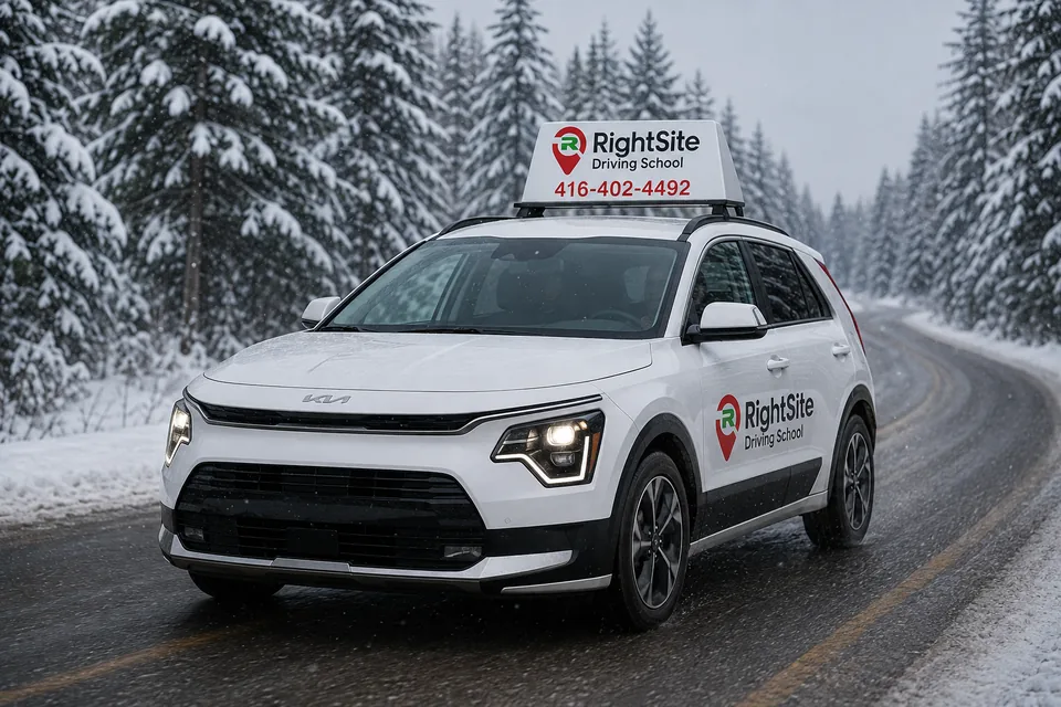 RightSite Driving School car on a snowy road surrounded by snow-covered trees