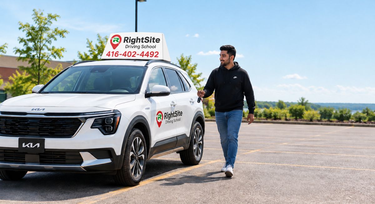 A student walking to the RightSite Driving School car with the keys, ready for the road test