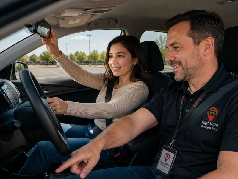 A student adjusting the mirror while a RightSite instructor explains from the passenger seat