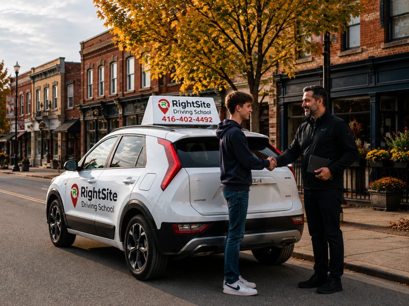 A RightSite instructor shaking hands with a student beside the school car