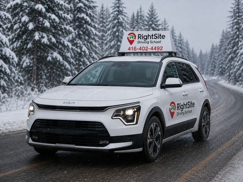 The RightSite Driving School car driving on a snowy road with its roof sign